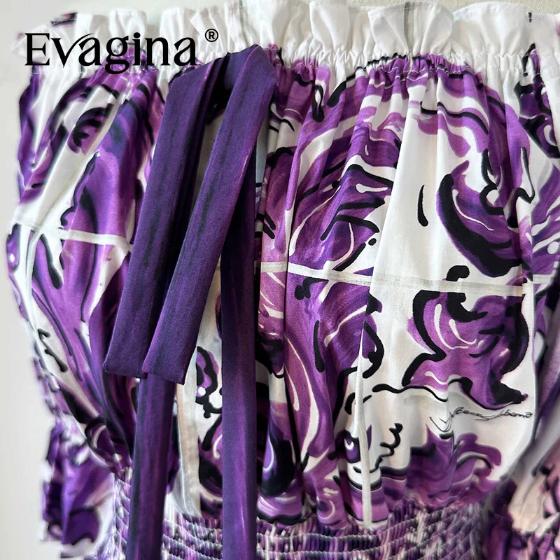 Evagina 2025 الخريف كشكش الأرجواني السيراميك طباعة حفلة السفر الترفيه قارب الرقبة قصيرة الأكمام ملابس علوية من القطن