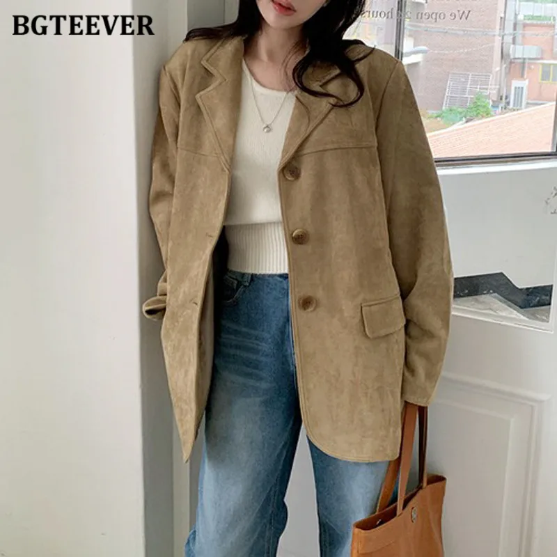 

BGTEEVER винтажный женский пиджак с карманами, осенне-зимний свободный однобортный женский костюм, пальто