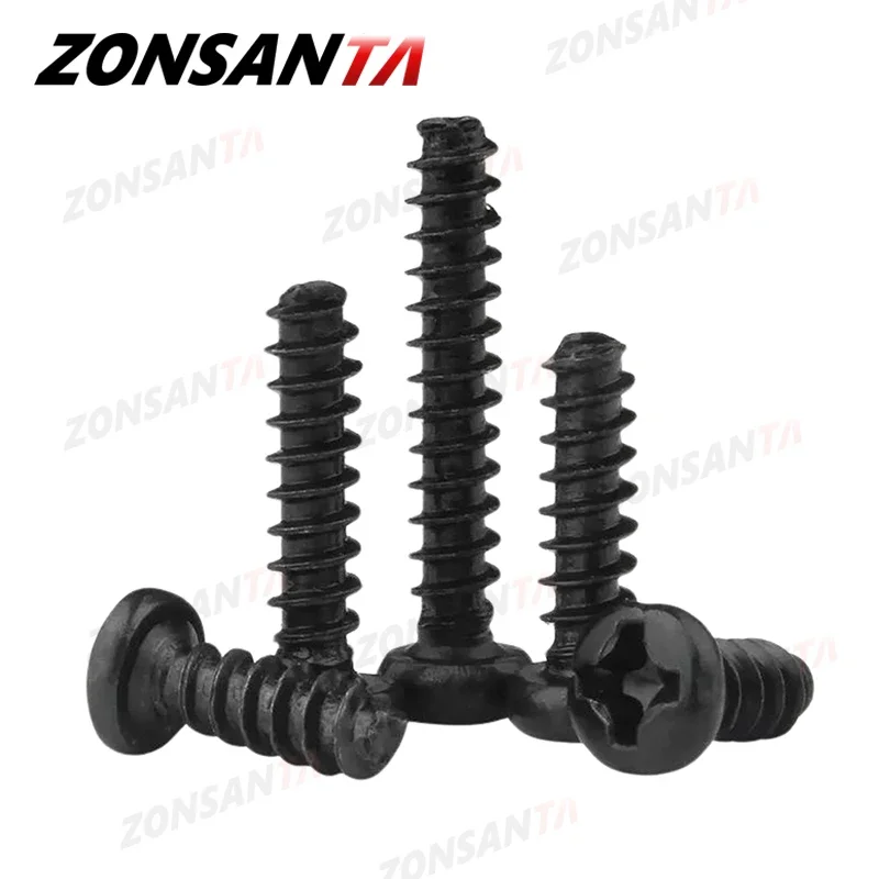 100pcs Black Carbon Steel Phillips Round Screw M1.2 M1.4 M1.7 M2 M2.6 M3 M3.5 M4 M5 Cross Recessed Pan Head Self tapping Screw