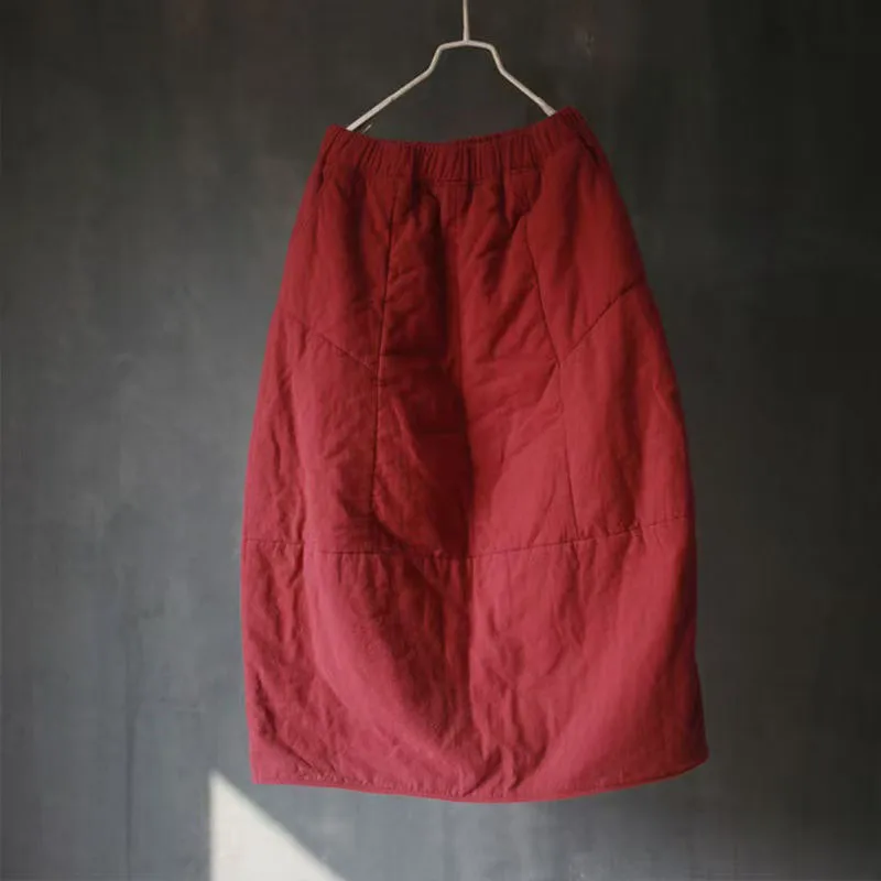Vintag Amboss Cotton Midi Skirt Women Autumn Winter Thicken Linen Elastic Waist Straight Skirt Warm Loose Casual