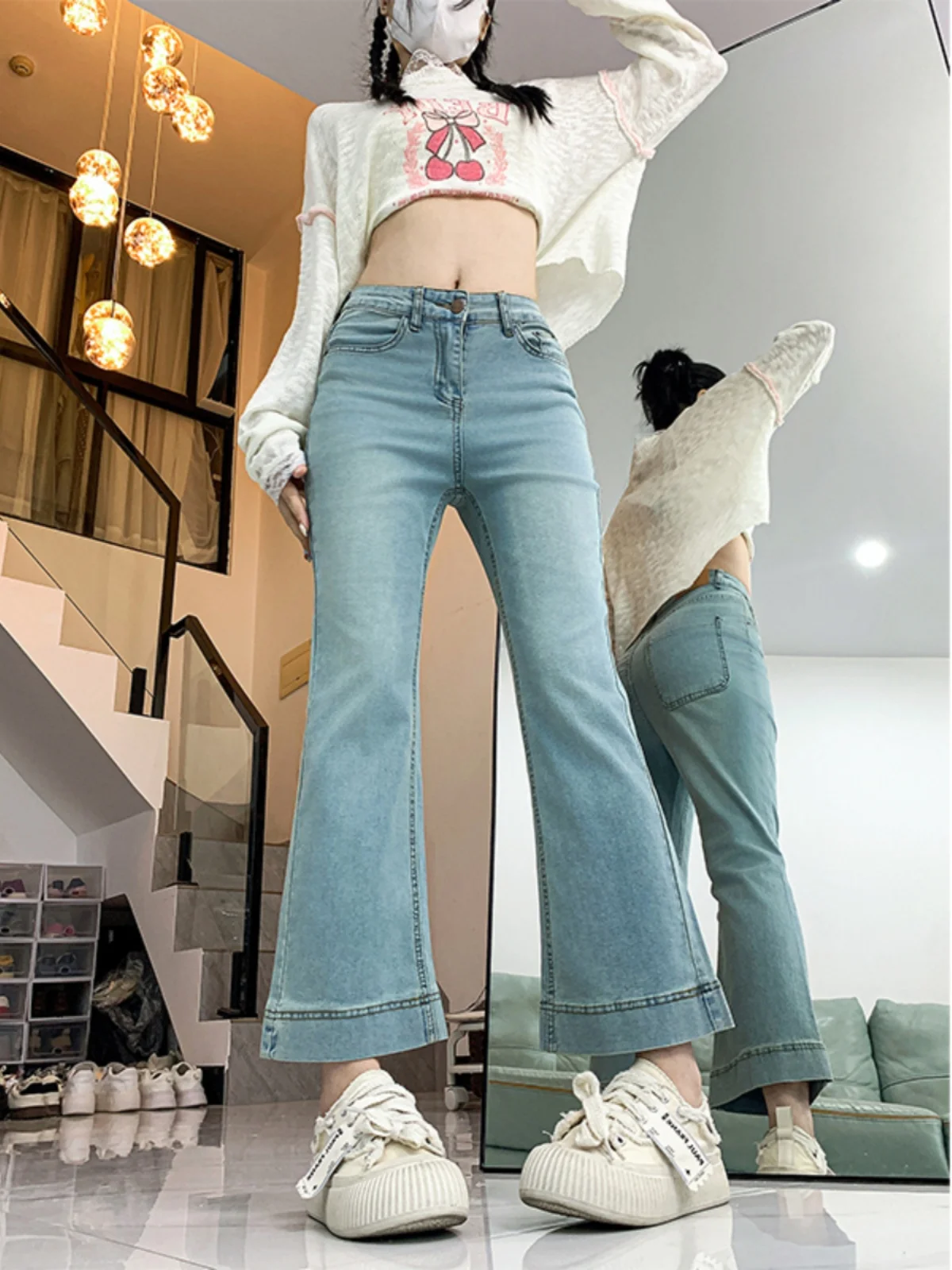 Jeans in denim a vita alta con campana Bot Pantaloni larghi a gamba dritta slim a nove punte elasticizzati da donna Autunno New Sle plus Size