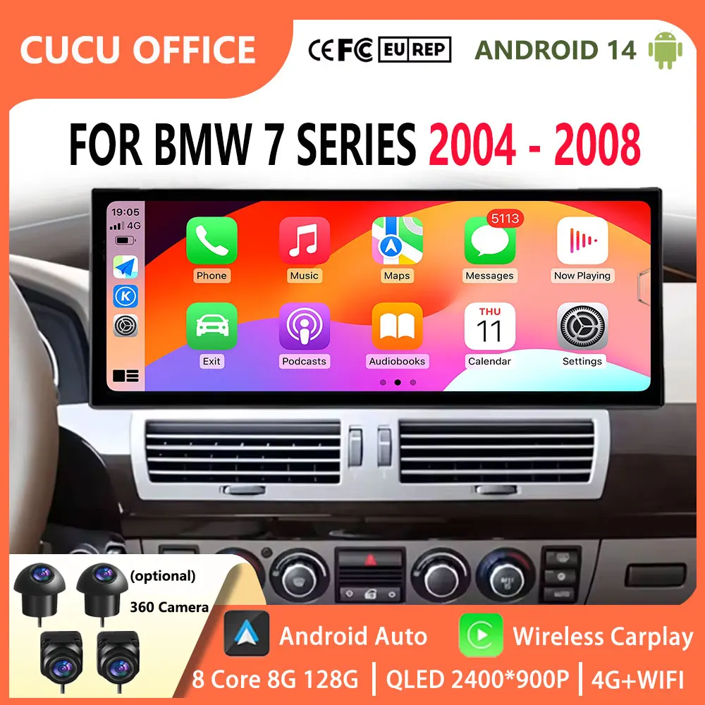 Pantalla táctil CUCU para BMW Serie 7 2004-2008 CCC Android 14 Estéreo de coche Compatible 4G LTE + WiFi GPS y CarPlay inalámbrico de 8 núcleos