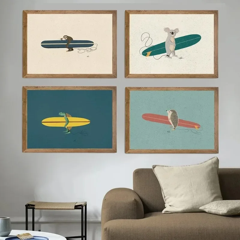 Canvas Painting Wall Art Pictures Retro Snowboarding Polar Bear Posters Cute Surfing Hippo Baboon Animals Prints Room Decor