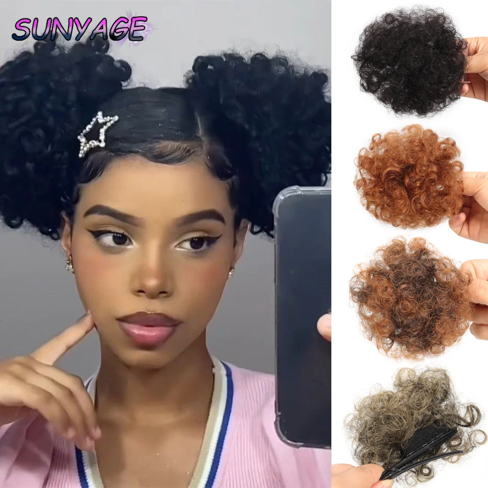 

SUNYAGE Clip On Synthetic Ponytail Extension Black Afro Puff Hair Bun A pair of For Small Kinky Bun with Clips for Repeated Use