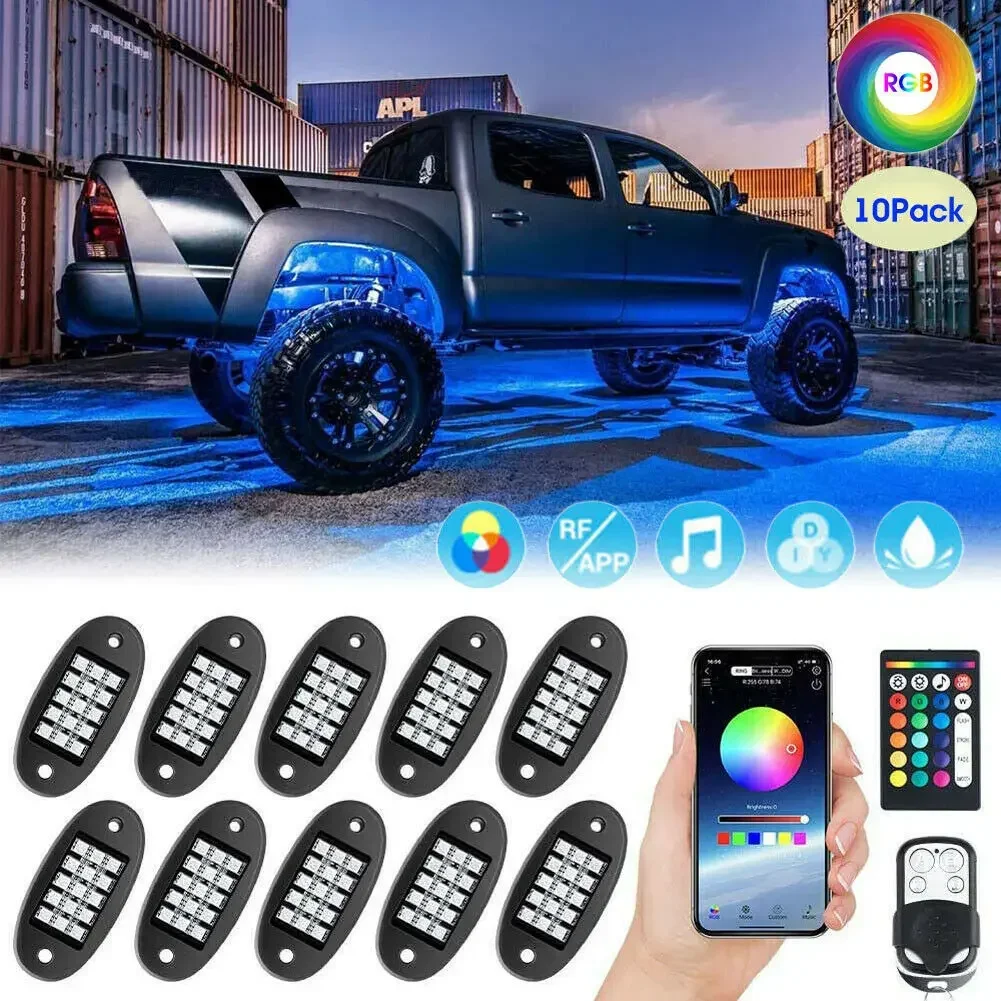 12/10/8/6/4 Pcs pods RGB LED Rock Light APP Control Music Neon Car Underglow Chassis Light for Offroad Truck SUV 4x4 ATV Boat