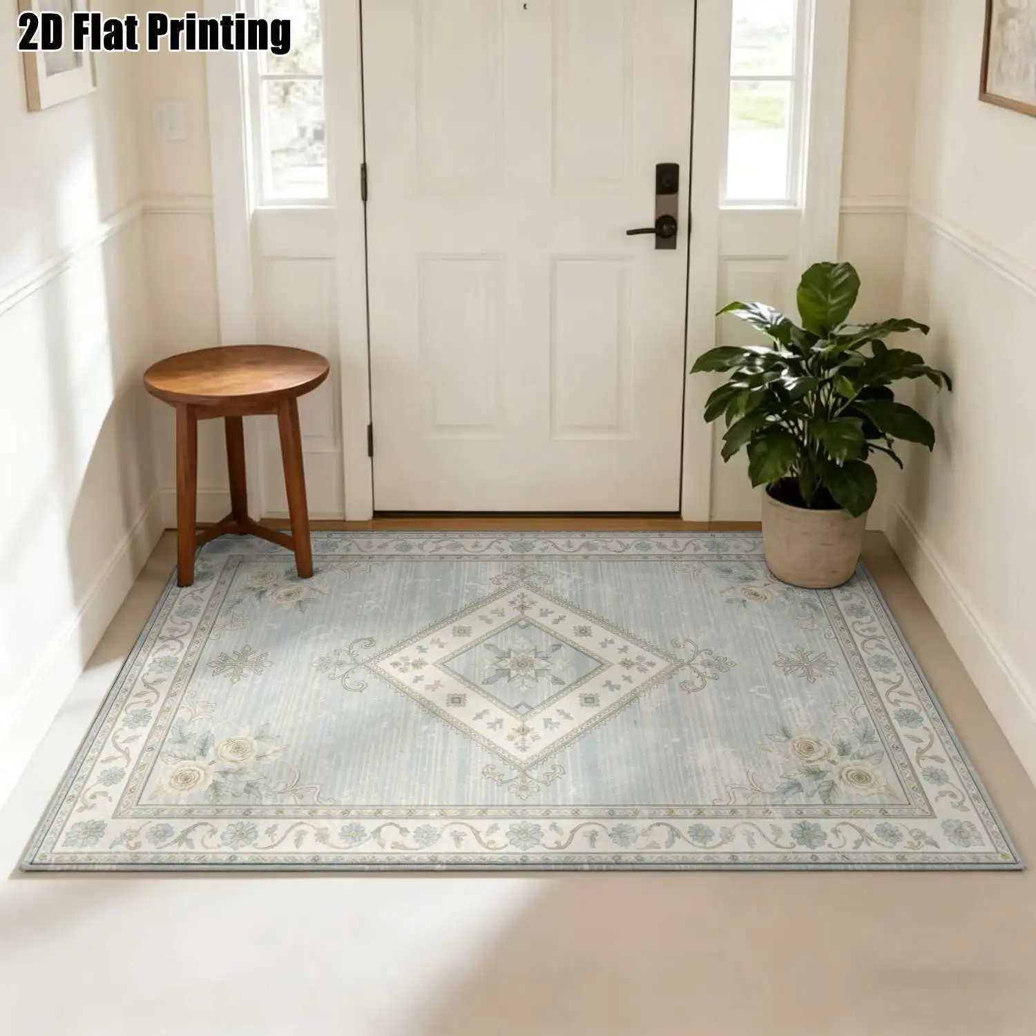 1Pc 2D Printed Carpet: Light Blue Floral, Vintage, Geometric & Fresh-Toned Machine Washable, Multi-Size, Ideal for Home Decor Such as Entryway, Dining Room, Foyer, Bedroom, Living Room.