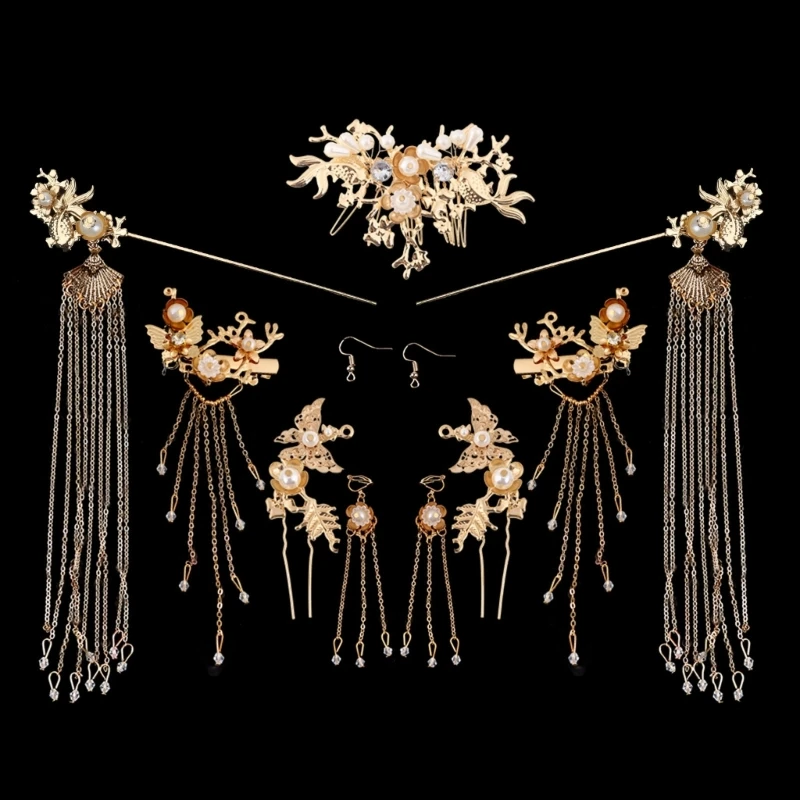 Bride Retro Chinese Hair Ornaments Tassel Women Wedding Headdress Earrings Set Han Clothing Accessories