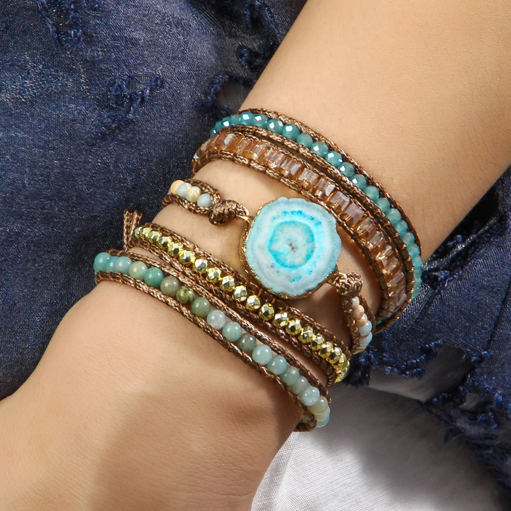 New Bohemian Ethnic Style Women Jewelry 5 Strands Natural Stone Crystal Glass Handmade Wrap Bracelet