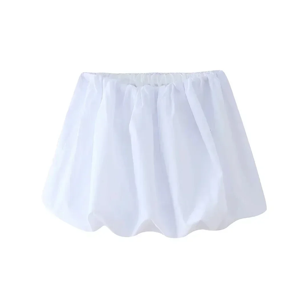 TRAF Puff Short Skirt Black Balloon Skirts For Women Summer Mini High Waist White Skirt Woman Ruched Casual Lantern Girls Skirt