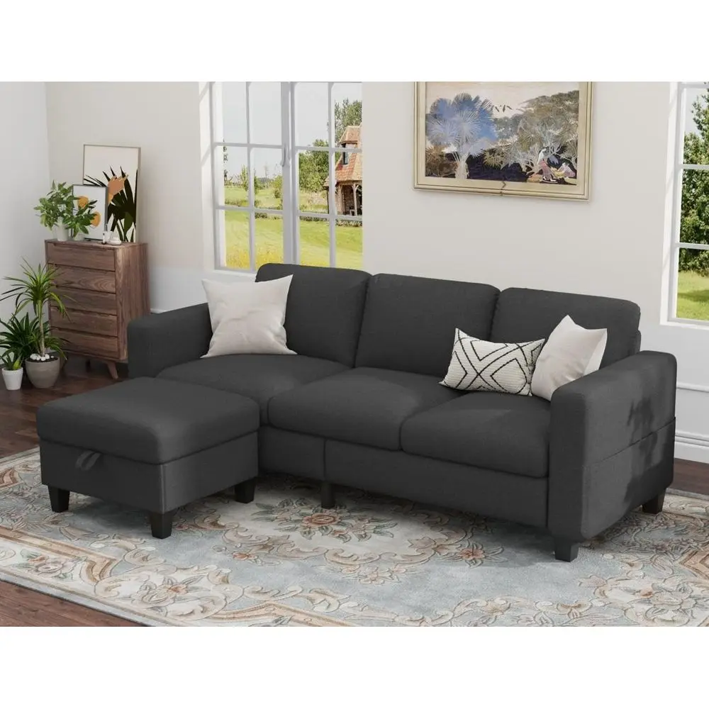 

78 Small Grey L-Shaped 3-Seater Couch with Storage and Removable Ottoman in Linen Fabric