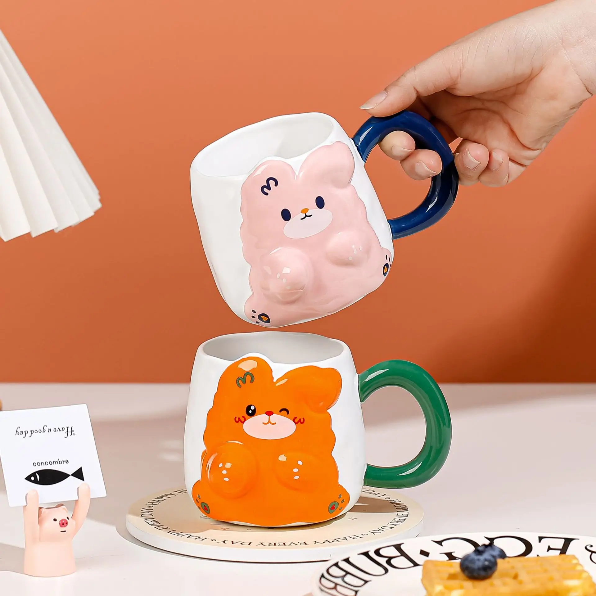 Cartoon Kaninchen Kaffeetasse mit Katze Muster Deckel niedlichen Frühstücks tasse kreative Kaffeetasse Milch Tasse Geschenk für Mädchen Keramik Paar Tasse