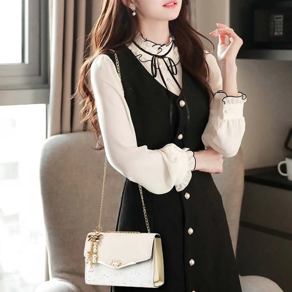 

Trendy Elegant PU Chain Bag Color Block Beads Bow Keychain Korean Square Bag Classical Storage Pouch Flip Up Shoulder Bag Party