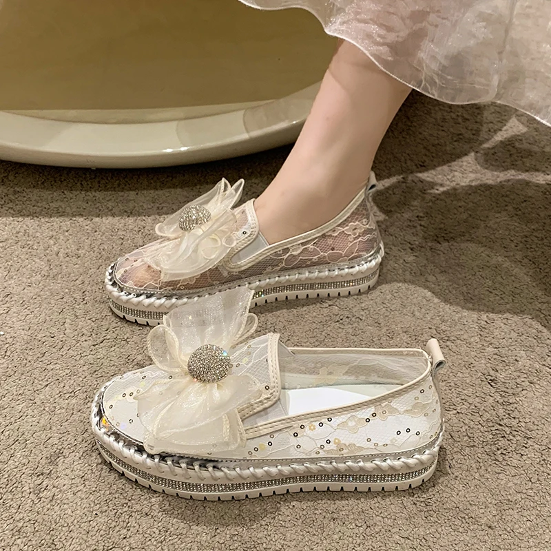 LazySeal Platform Diamonds Butterfly Knot Women Flats Bling Woman Rhinestone Ladies Casual Mesh Chunk Sole Slip-on Shoes Size 43