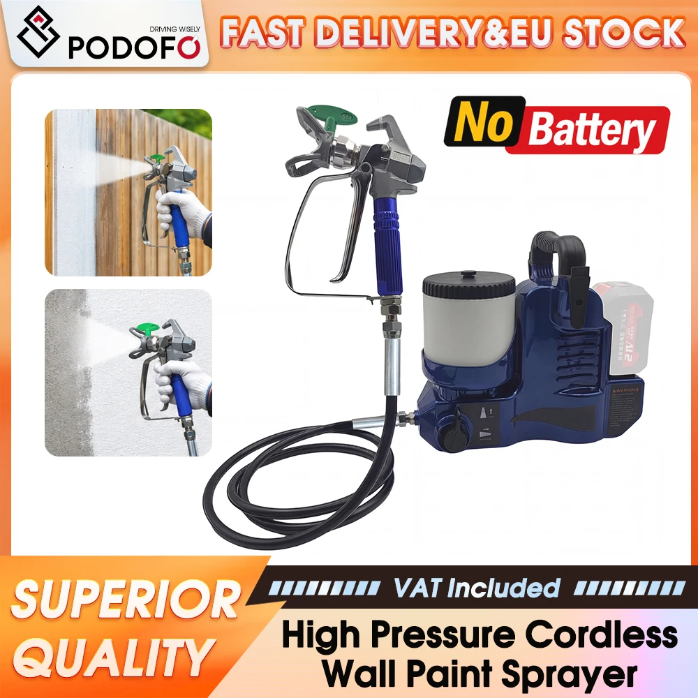 Pistolet à peinture haute pression sans fil Podofo 21V compatible avec batterie Makita, machine de pulvérisation sans air portable pour peinture murale, vernis et revêtements.