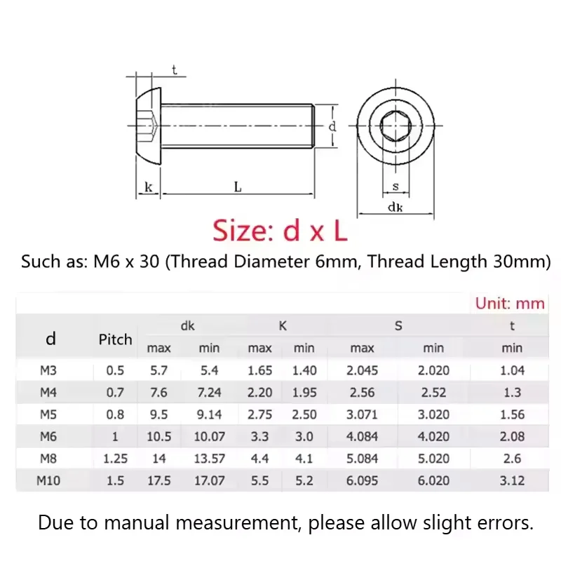 304 Stainless Steel M3 ~ M10 Hex Hexagon Socket Head Button Allen Bolt Screw 500-hour salt spray passivation Length 8 ~ 50mm