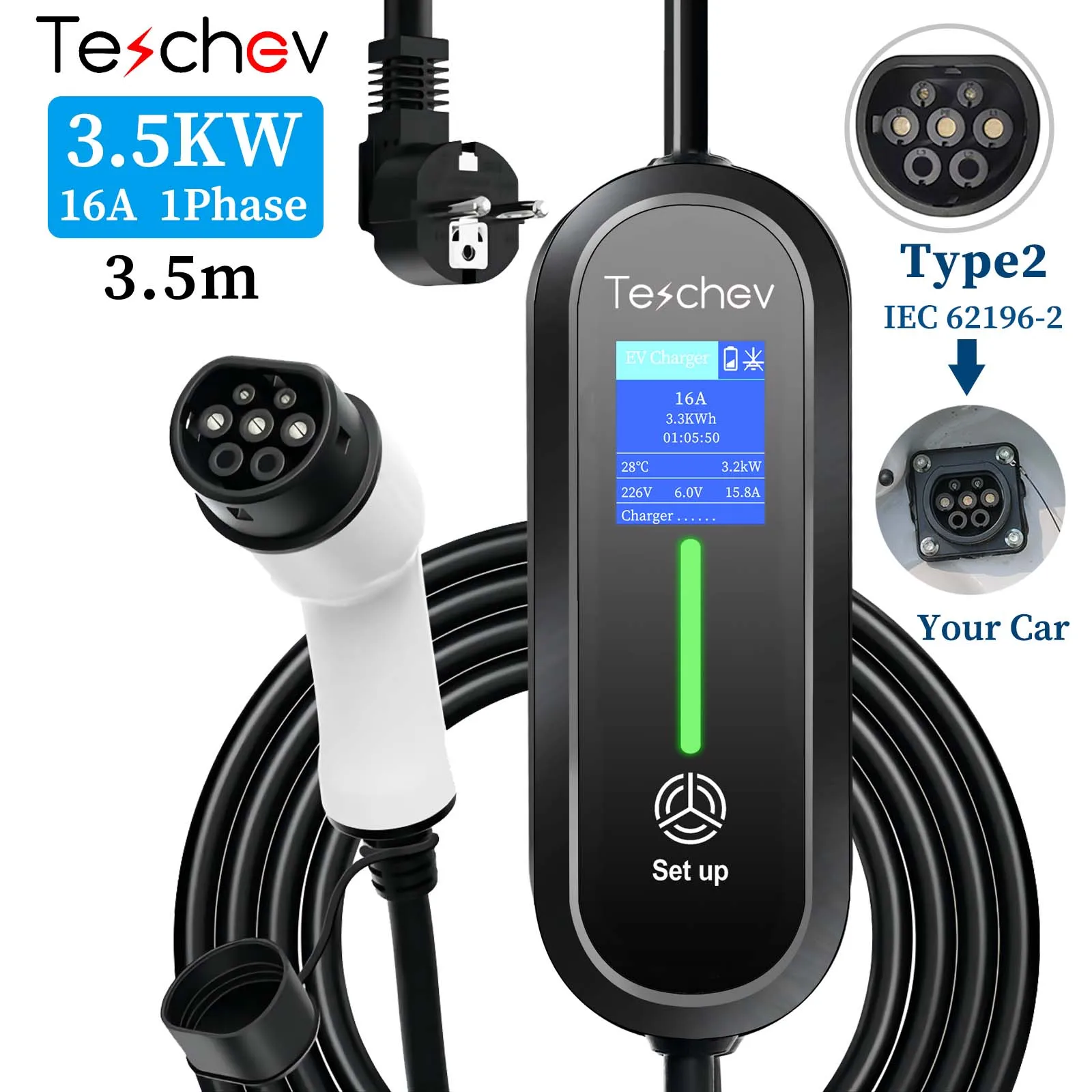 Teschev 220V Portable EV Charger Type2 Wallbox 3.5KW 8A to 16A 1Phase  Type1 J1772 3.5Meters IP65 Free Gift EV Bag