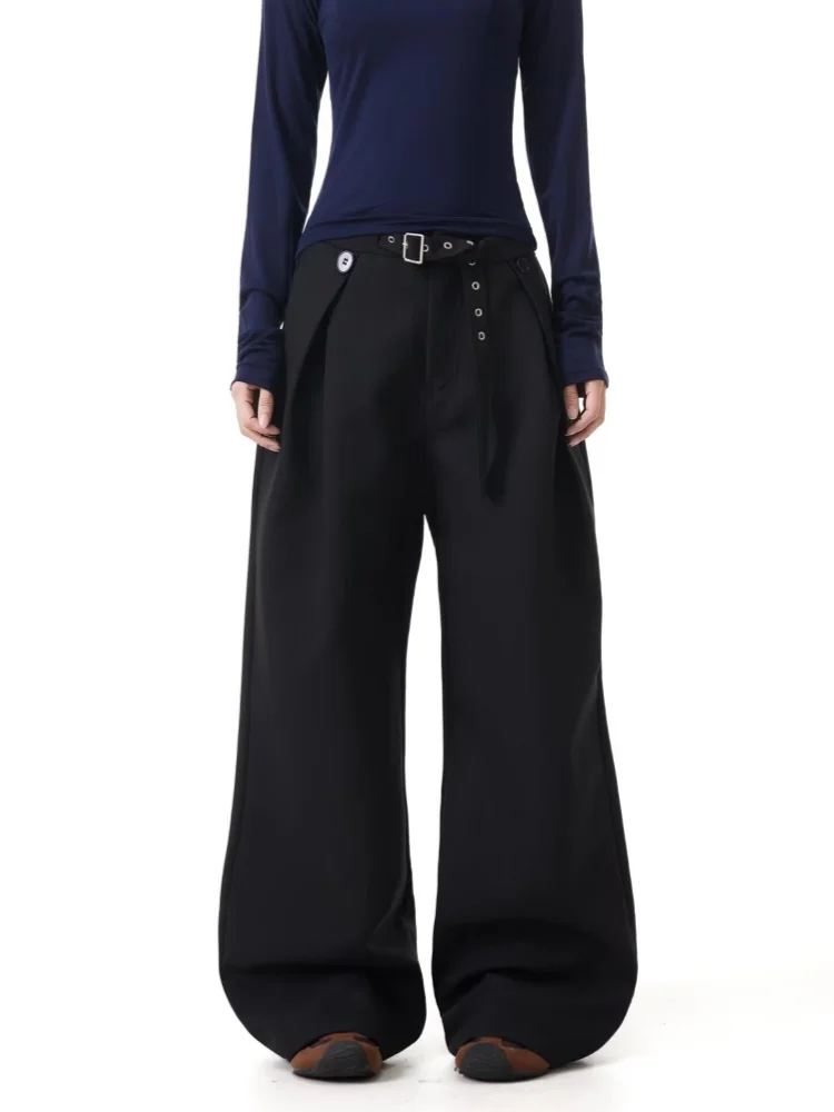 2025 tendencia Y2K estilo marrón plisado holgado Casual traje de mujer pantalones para mujer ropa de pierna ancha parte inferior recta pantalones largos