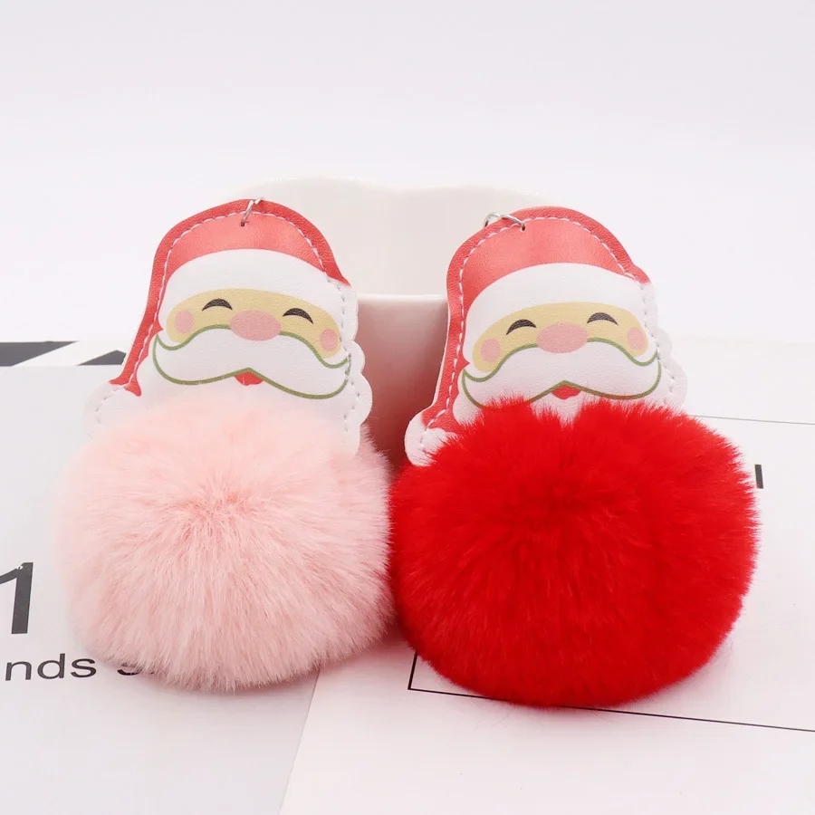 Trendy Colorful Santa Claus Toys Decoration Keyring Simple Christmas Snowman Leather Stuffed Plush Ball Keychain for Childrens