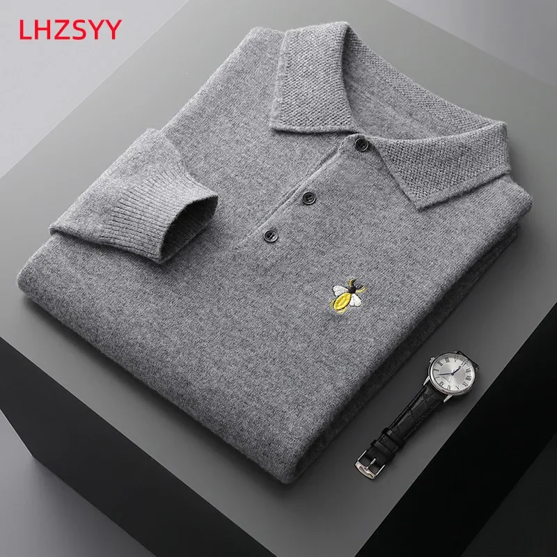 Lhzsyy men's cashmere sweater lapel pullovers autumn winter new100 % pure wool polo collar tops embroidered large size base shir