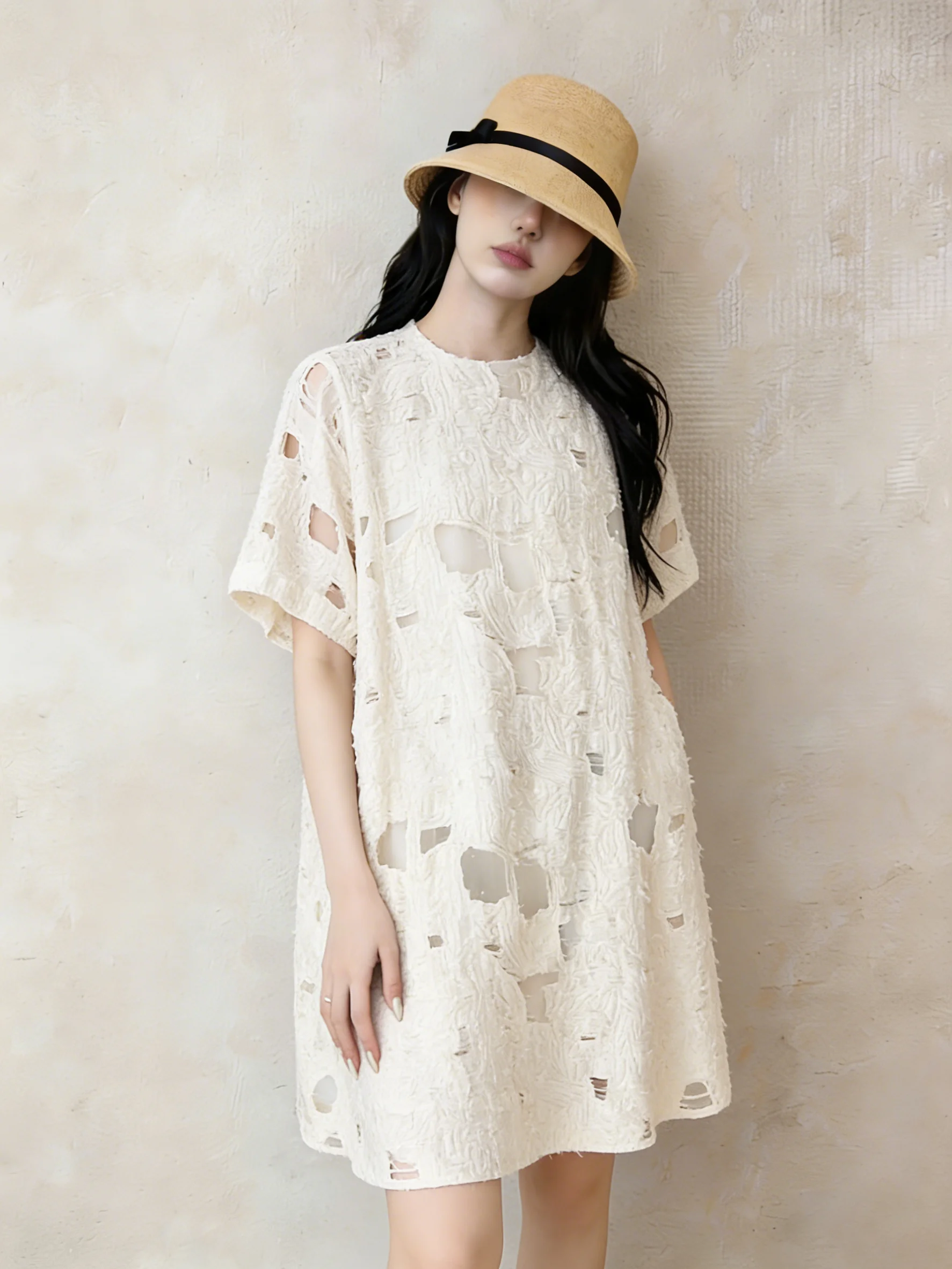 

Текстурированное платье миди с коротким рукавом и вырезами, женское, свободного кроя, летнее, новый стиль, в китайском этническом стиле, белое