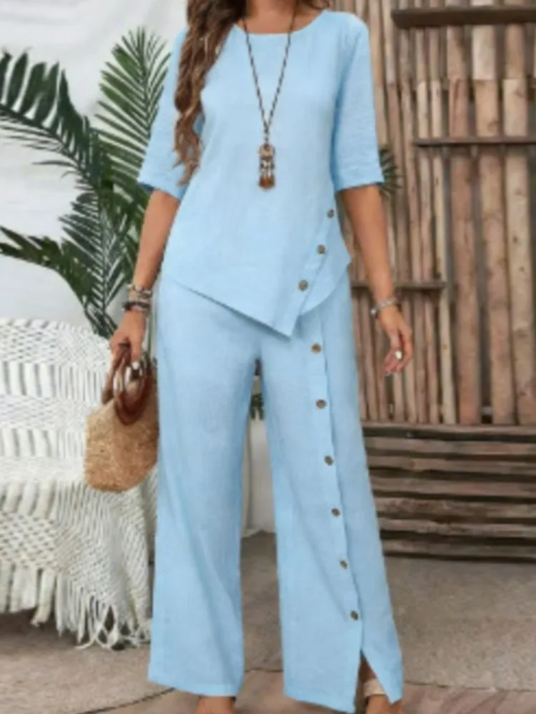 Women's Fashion Solid Irregular Hem Shirt Trousers Two-piece Sets Summer Casual Button Short Sleeve  Shirt Casual Trousers Set