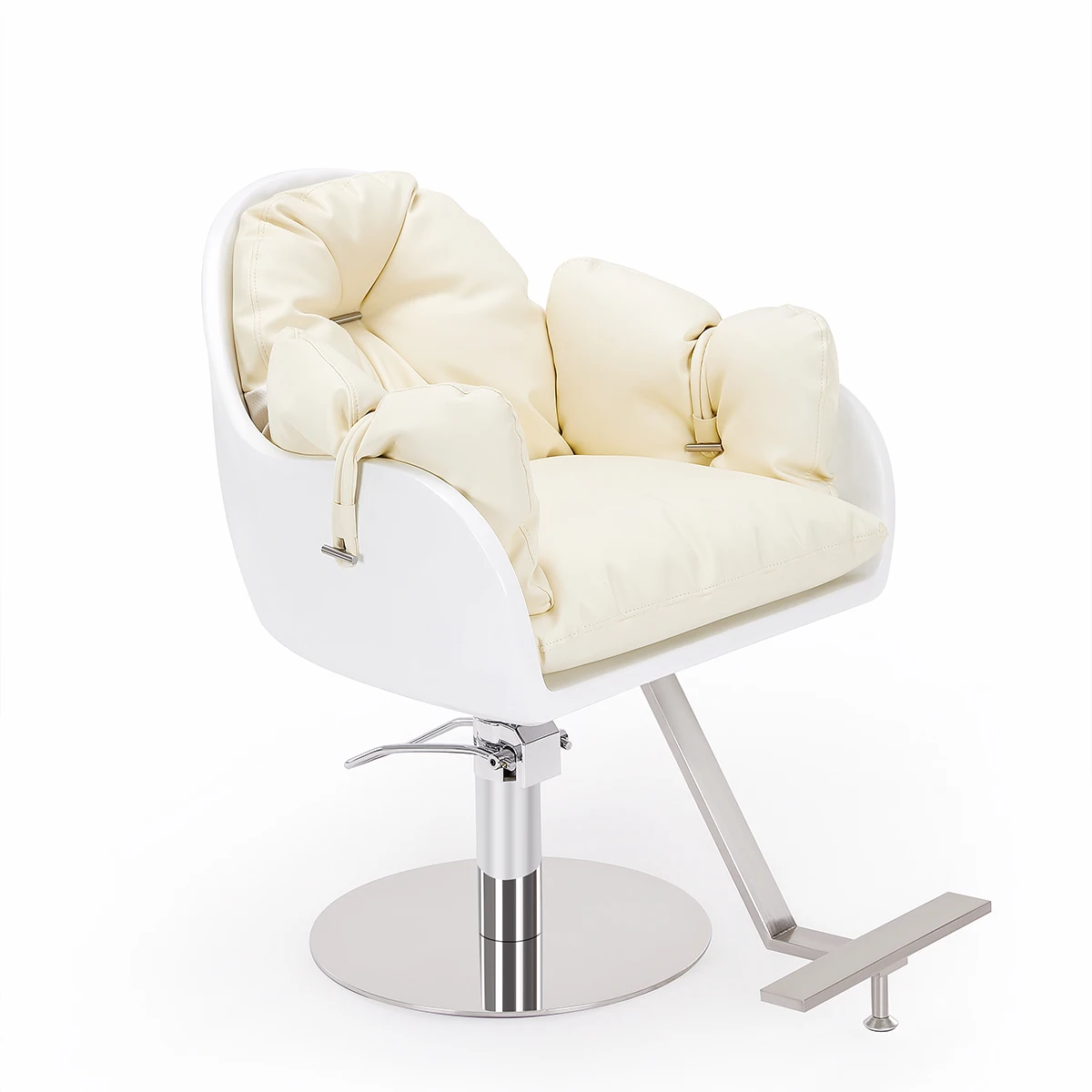 Cream Style Salon Barber Chair, White Shell with Beige Soft Cushion, Hydraulic Swivel Hair Styling Chair with Footrest for Beaut