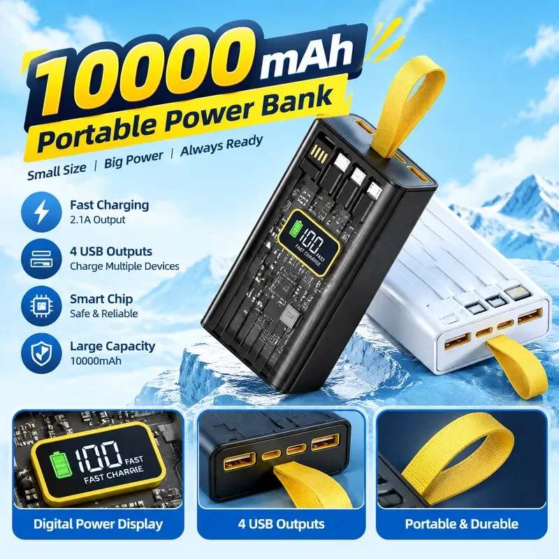 66W Fast Charging Power Bank with Built in Cable Large Capacity Portable Charger Transparent Design Mobile Phone Battery Pack