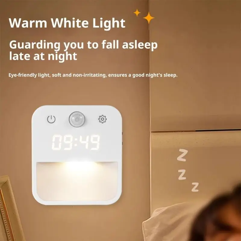 Bewegungsmelder-Nachtlicht mit Uhranzeige, 3 Farbtemperaturen, dimmbare Plug-in-Wandleuchte für Schlafzimmer, Flur, 37JD
