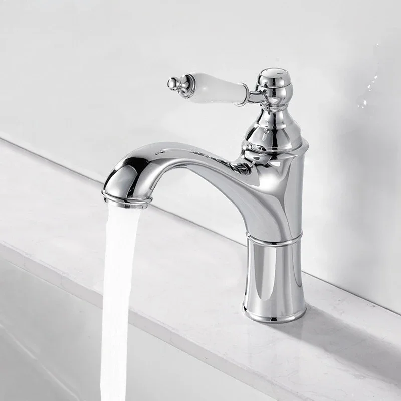 Luxury Solid Brass Gold Retro Faucet Ceramic Single Handle Deck Mounted One Hole Hot And Cold Chrome Classical Mixer Tap