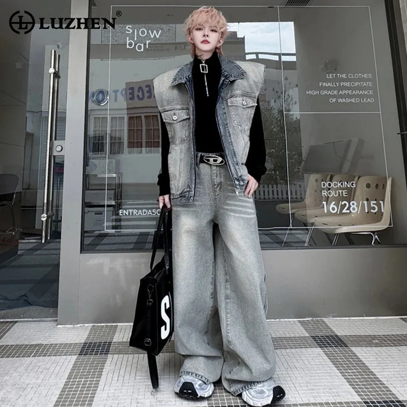 LUZHEN Fashion Wornout Vintage Design Sleeveless Denim Vest Coat Men's 2025 Street Loose Straight Jeans Two-piece Sets LZ8382