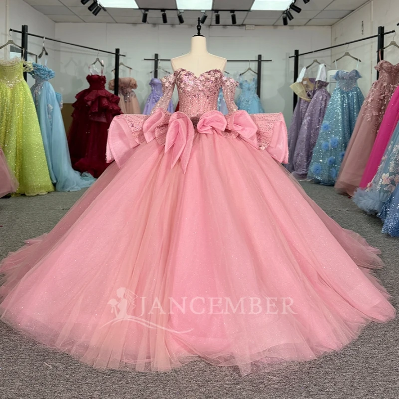 

Розовые блестящие платья Quinceanera с открытыми плечами, расшитые блестками и бисером, с кристаллами, из тюля с длинными рукавами, для вечеринки, дня рождения, Sweet 16, платье Vestidos