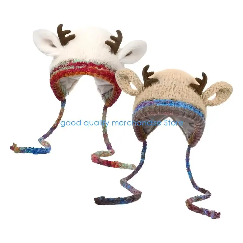 Gorro punto navideño cálido Y5JD, diseño orejas reno para aventuras aire libre, tallas para niños y adultos
