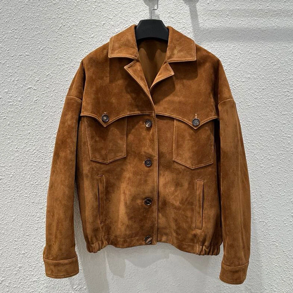 Jaket kulit domba wanita, kualitas mewah kulit domba asli jaket kulit musim gugur musim dingin Vintage Suede pakaian kerja saku mantel longgar kasual 2024