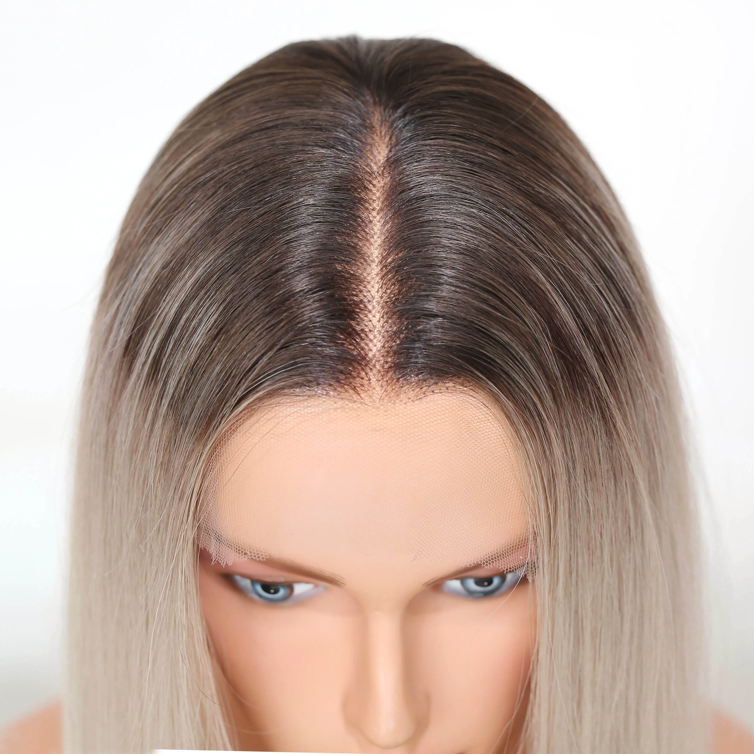 Straight Lace Front & Top Wig Dust Blonde with Brunette Shadow Roots Hand Painted Glueless Human Hair Balayage Ombre Wig