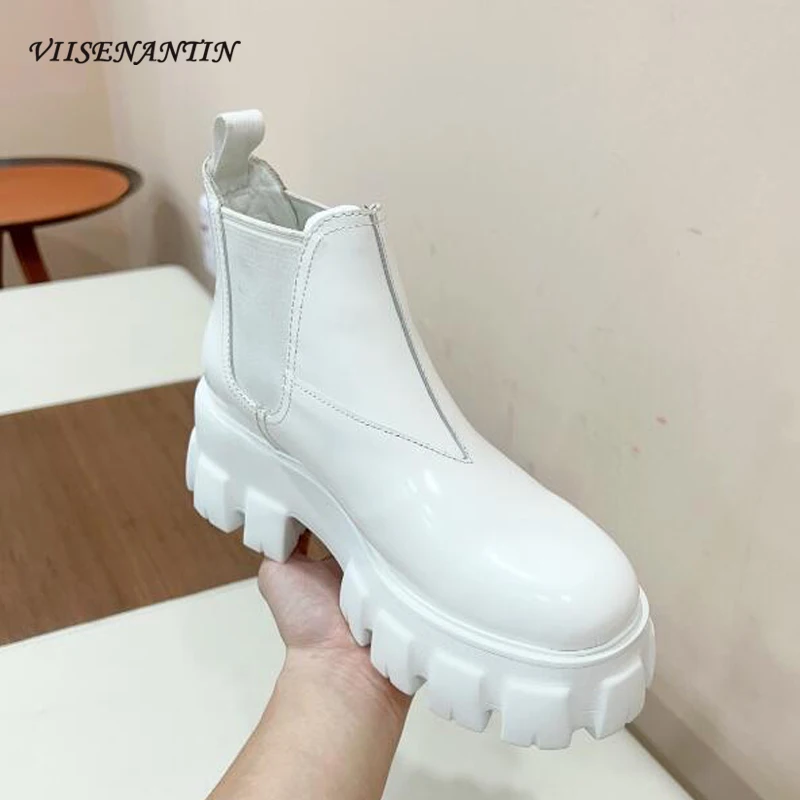 

Women Ankle Boots Cow Leather Thick Soled Martin Boots Slip on Elastic Strap Chelsea Boots Height Increasing Platform Flat Shoes