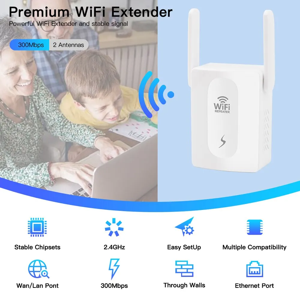 300Mbps WiFi Repeater 2.4Ghz Router Wireless Booster Long Range Amplifier Network Extender For Home/Office EU/US Plug Easy Set