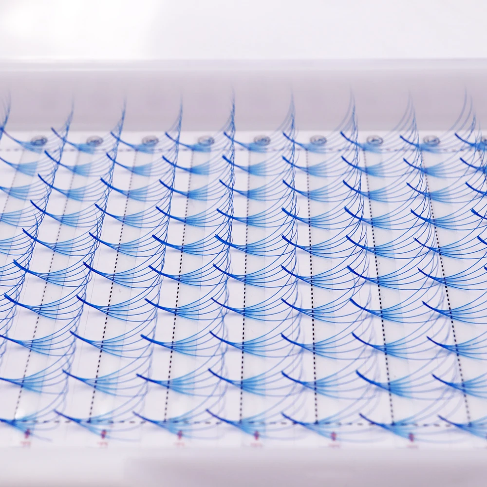 포인티 베이스 프리메이드 러시안 볼륨 팬 긴 속눈썹, 블루 퍼플 클러스터, 다채로운 솜털 개별 속눈썹 연장, 인조 실