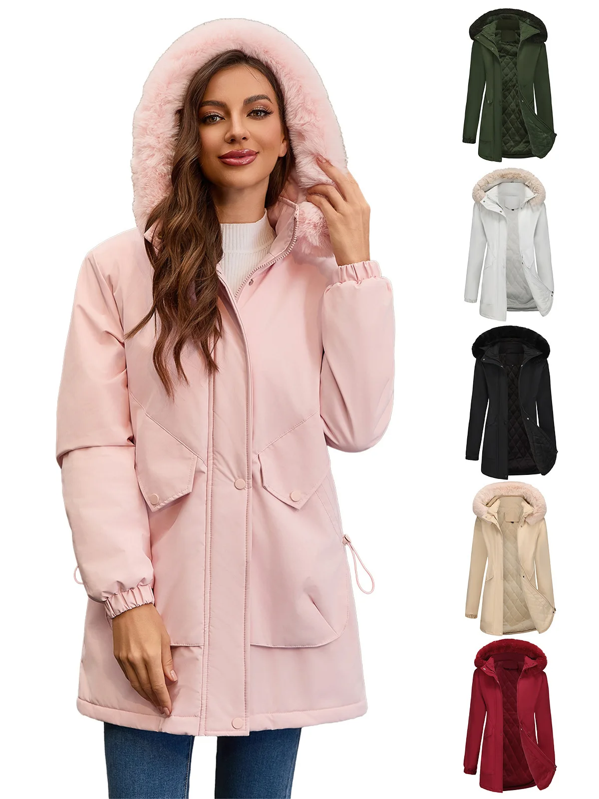 

Comfortable Casual Commute Style European Size Fleece Lined Parka Coat Women's Winter Long Style Fur Collar Cotton Jacket