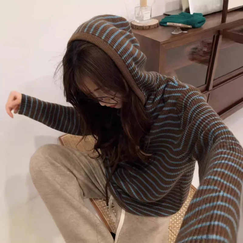 

Осень-зима, новый полосатый свитер с капюшоном, свободный повседневный вязаный свитер для высоких женщин