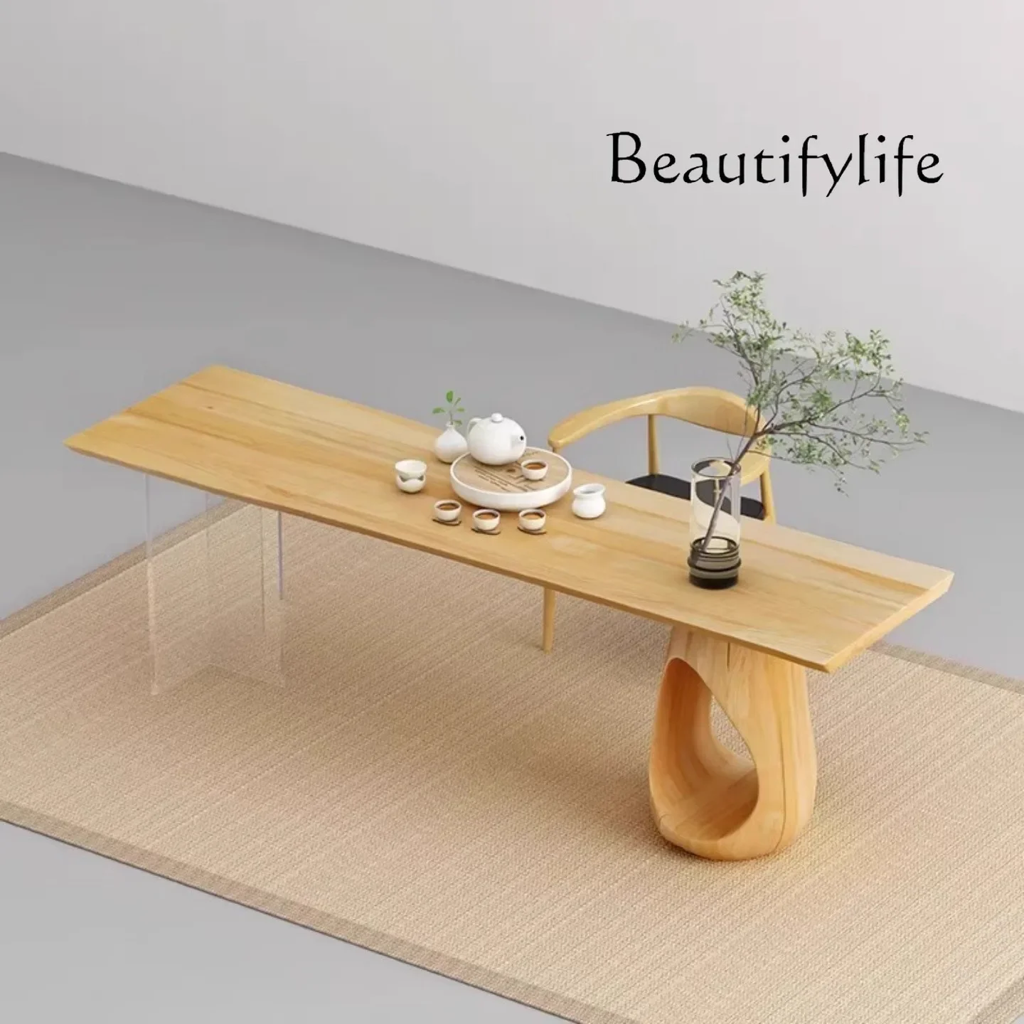TT Wabi Stillwind Solid Wood Tea Table Chair Acrylic Suspended Log Rectangle Tea Table Japanese Ash Wood Long Table
