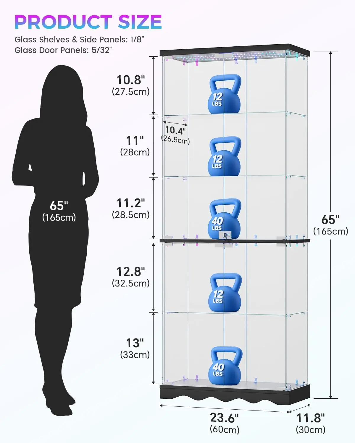 65 Inch 5 Tier Glass Display Cabinet with RGB Lights and Lock Black