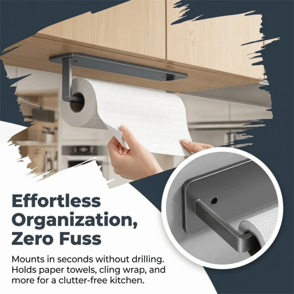 

Iron Paper Towel Holder Gray Multifunctional Kitchen Towel Rack No Installation Required Wall Mounted Tissue Roll Holder
