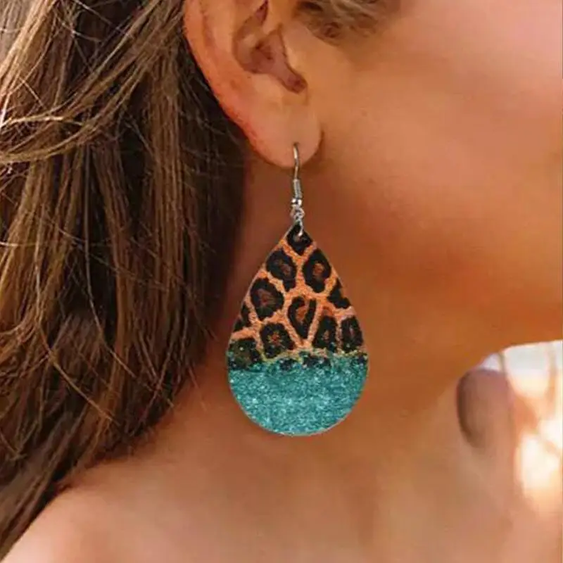 western style personalized women's leopard print leather earrings, retro water drop spray double-sided pu earrings