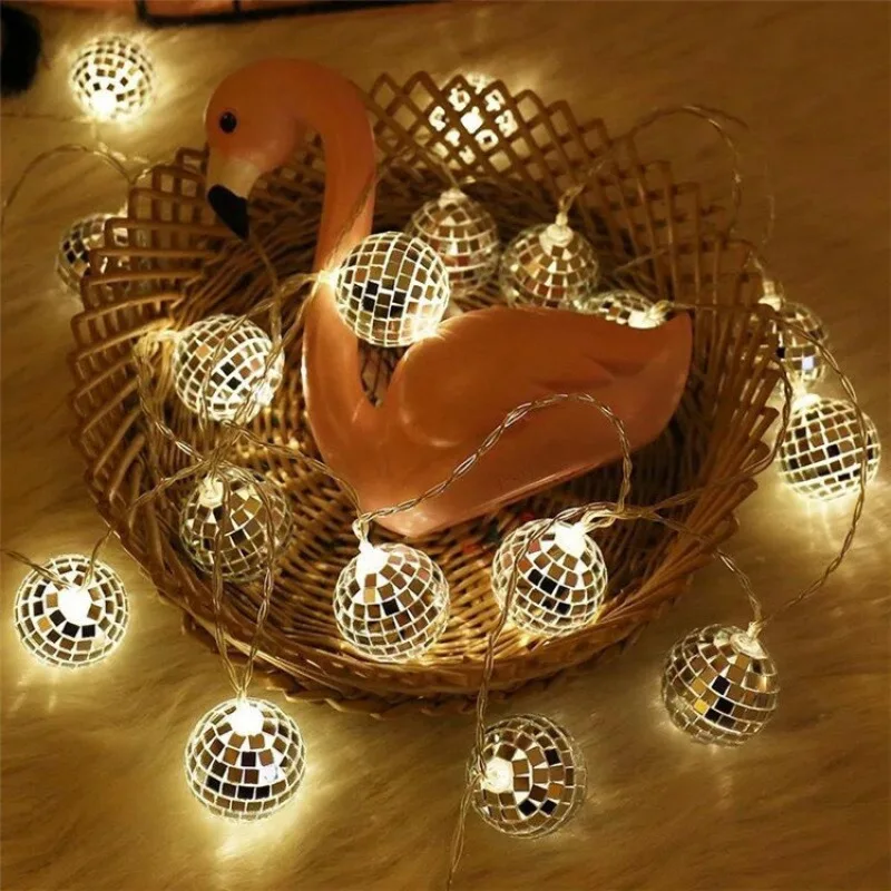 1.5m LED Mirror Ball String Lights Fairy Light Garland Battery Powered for Wedding Birthday DJ bar 70s Disco dance Party Decor