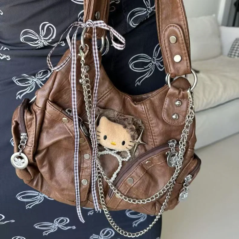 

Sanrio Hello Kitty Y2K Spicy Girl Niche Design Handbag Korean Version Fashion Shoulder Bag Subculture Gothic Style Crossbody Bag