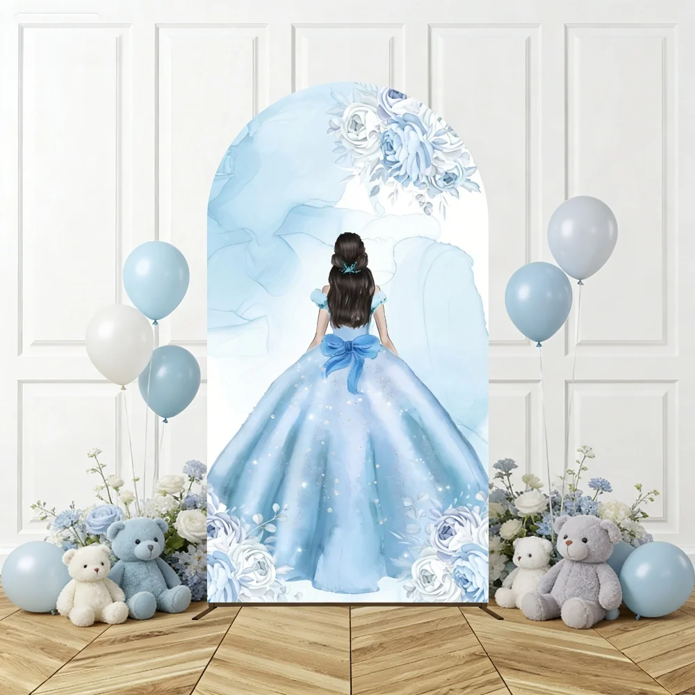 Mis Quince Girl 15th Birthday Arch Backdrop Cover Blue Flowers Princess Dress Butterfly Party Decoration Elastic Background Prop