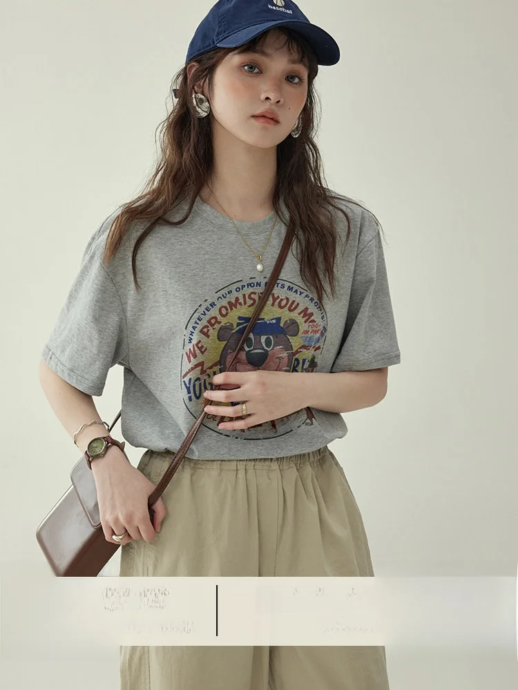 AMUU North Island Casual round Neck Loose Fit Bear Letter Print T-Shirt Women Summer Slimming Top Youth Style Cotton Short Sl...