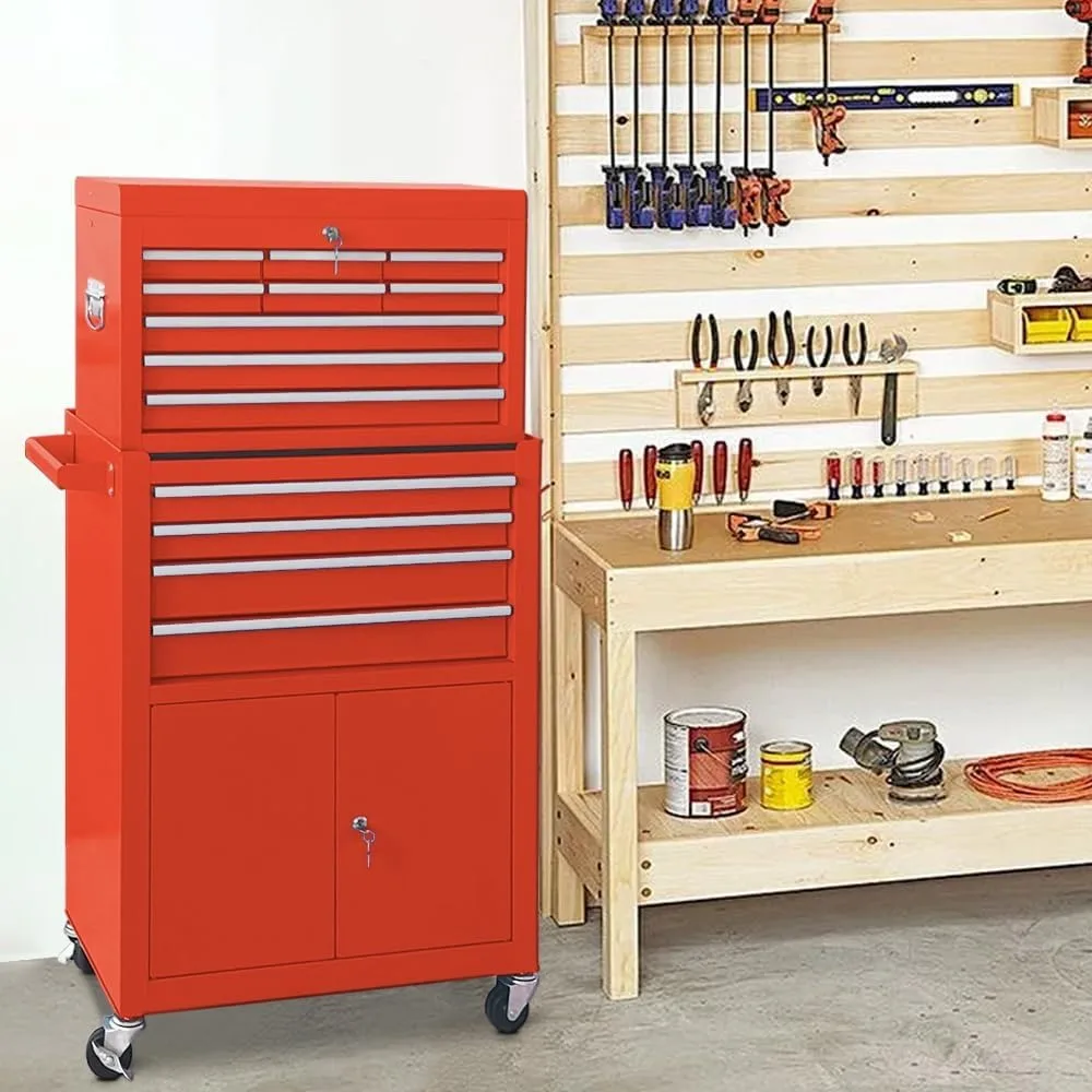 13-Drawer Tool Chest with Double Door and Wheels, Large Detachable Tool Box with Sliding Drawers, Mechanic Toolbox Storage (RED)