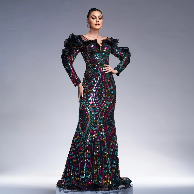 

European Spring Women Designer Ruffles Sequined Party Turmpet Floor Dress , Woman Party Glitters Long Maxi Mermaid Dresses