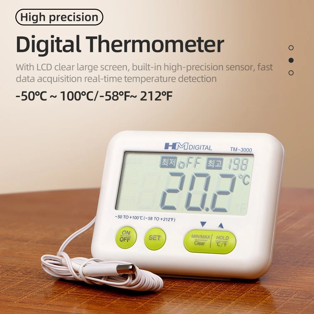 Penguji Suhu Termometer Digital LCD -50 hingga 100 ℃   Pengukur Suhu dengan Probe Eksternal Alarm Overtemperatura Bagian Belakang Magnetik Kuat